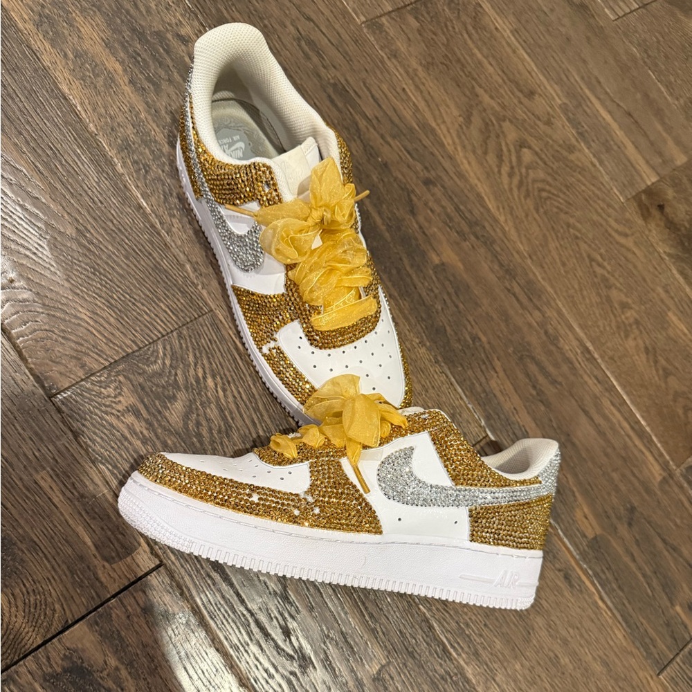 Custom Rhinestone Women Nike Air Force1 Gold sneakers with gold ribbon laces